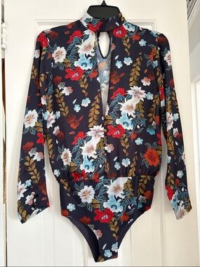Zara Floral Long-Sleeve One-Piece Bodysuit in Navy